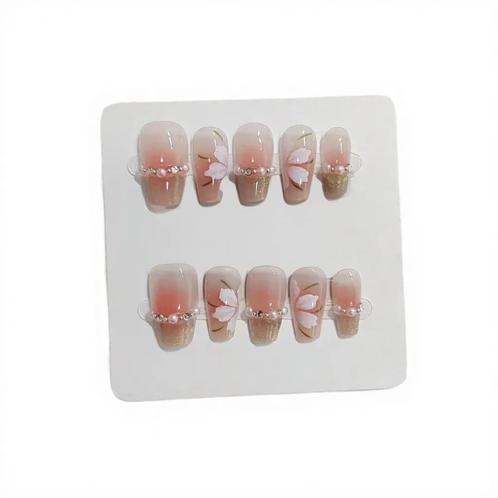 Grüne Cat Eye Drucknägel Kurz Quadratisch French Tip Blumen