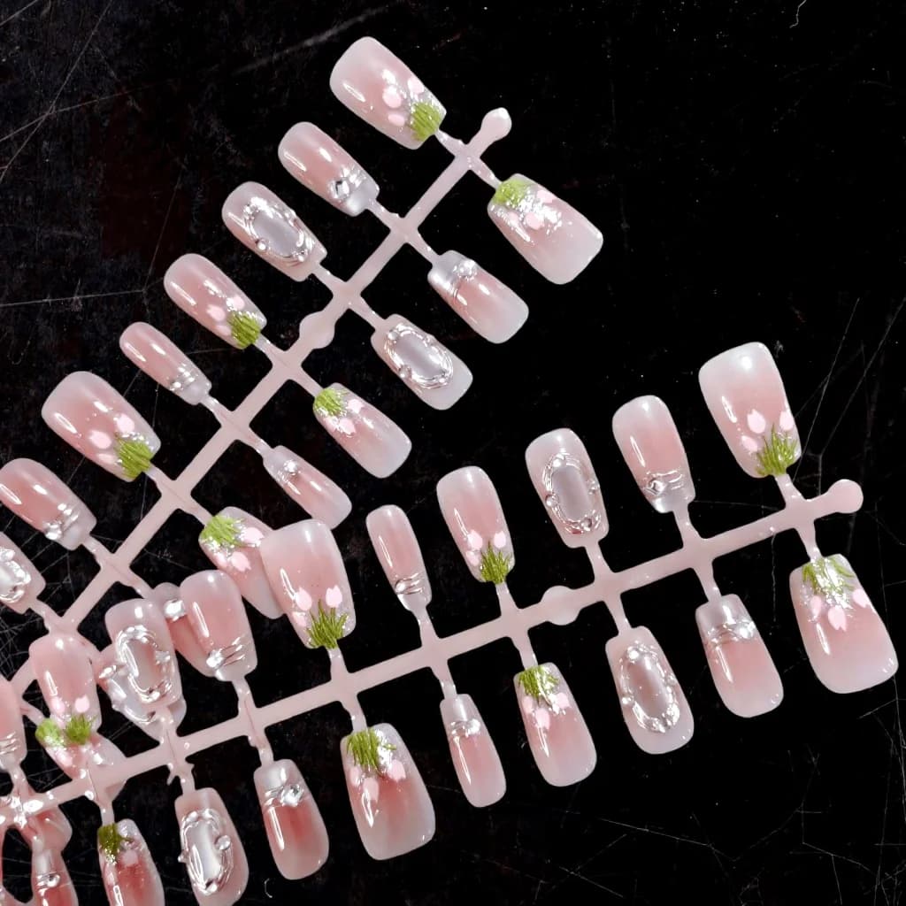 Press-On-Nägel mit Tulpenblüten-Motiv, Pinker Glitzer-Design, 30 Stück