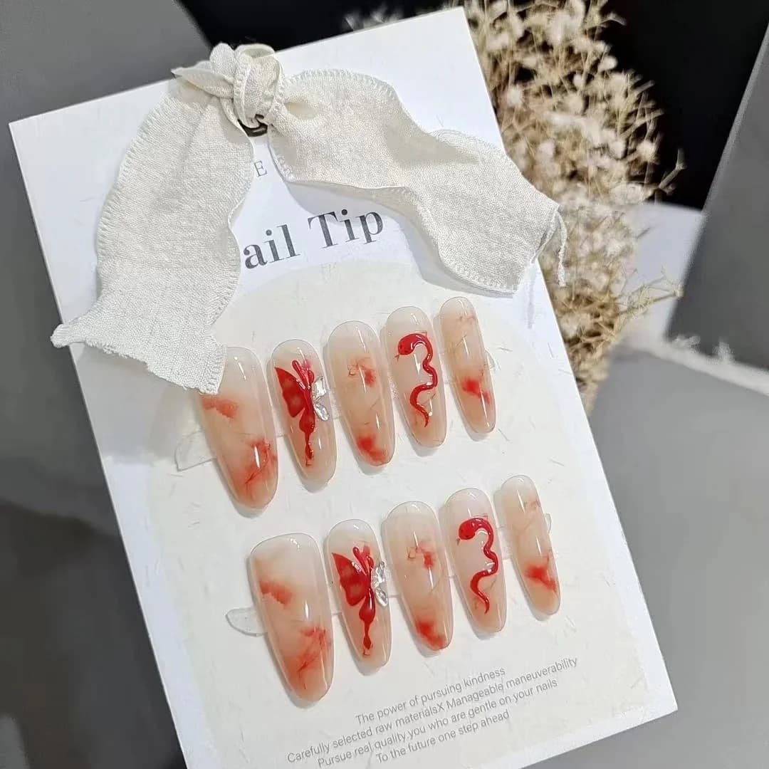 Handgemachte Klebenägel Schmetterling und Schlange Design Lange Mandelform