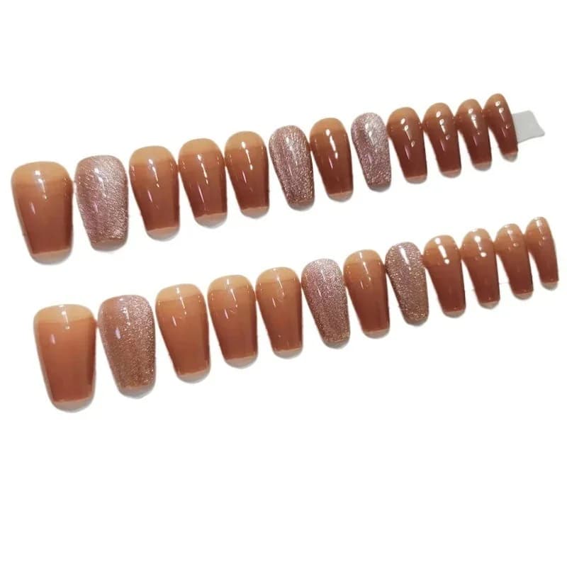 Braune Cat-Eye Press-On-Nägel, mittlere Sargform, Herbst-Winter-Style