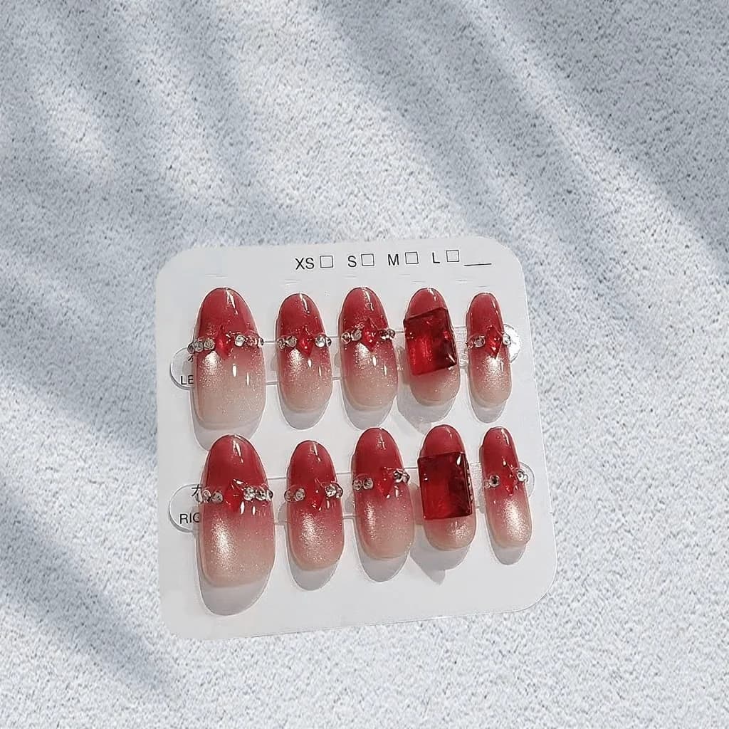 Rote Strass-Katzenaugen-Nägel zum Aufkleben, mittel oval, 30 Stück