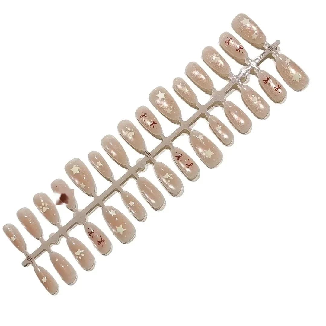 Nude Rosa Cat-Eye Press-On-Nägel mit Schleife und Sternperlen
