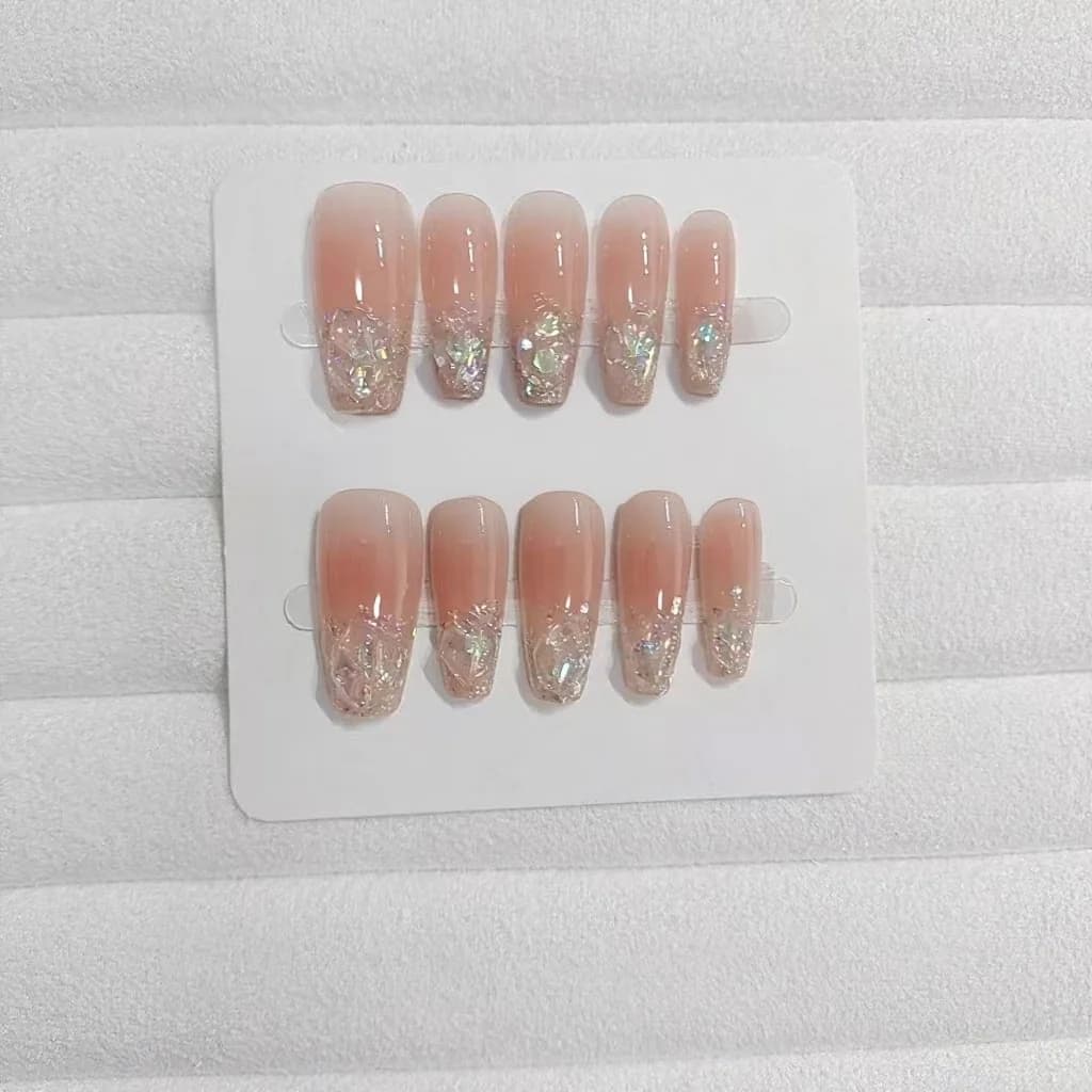 Künstliche Nägel Kurz Mittel Sargform Glitzer Strass Zartrosa Set