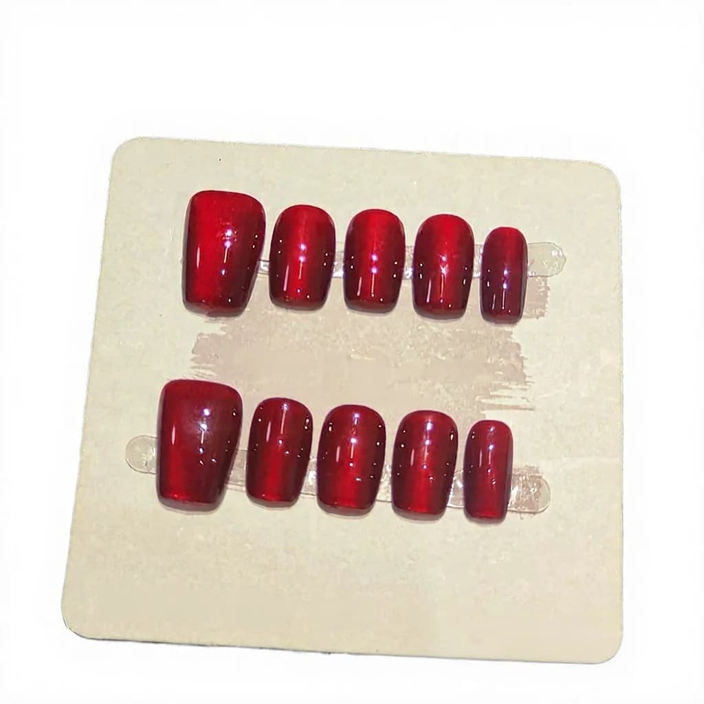 Rote Cat-Eye Künstliche Nägel Kurz Quadratisch Glitzer Maniküre-Set