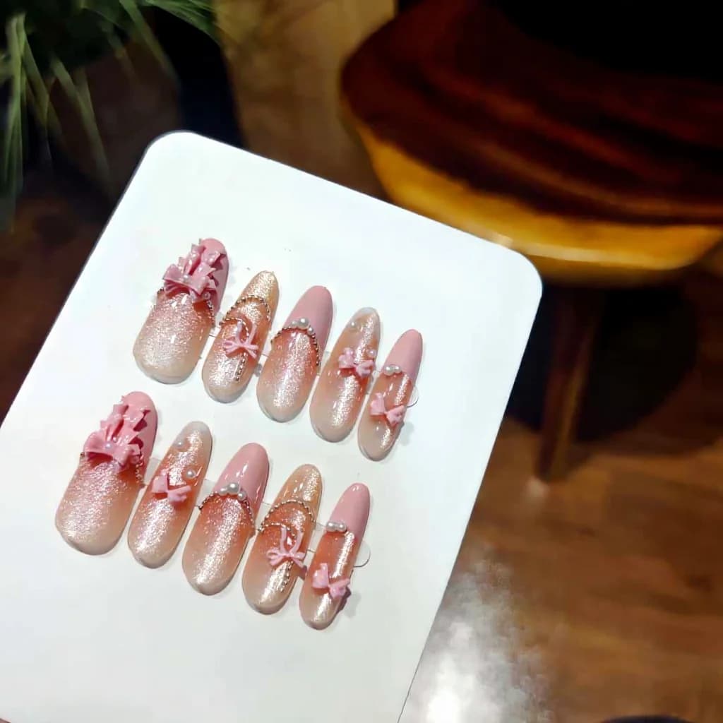 Künstliche Nägel Rosa Spitze Schleife Cat Eye Lang Stiletto