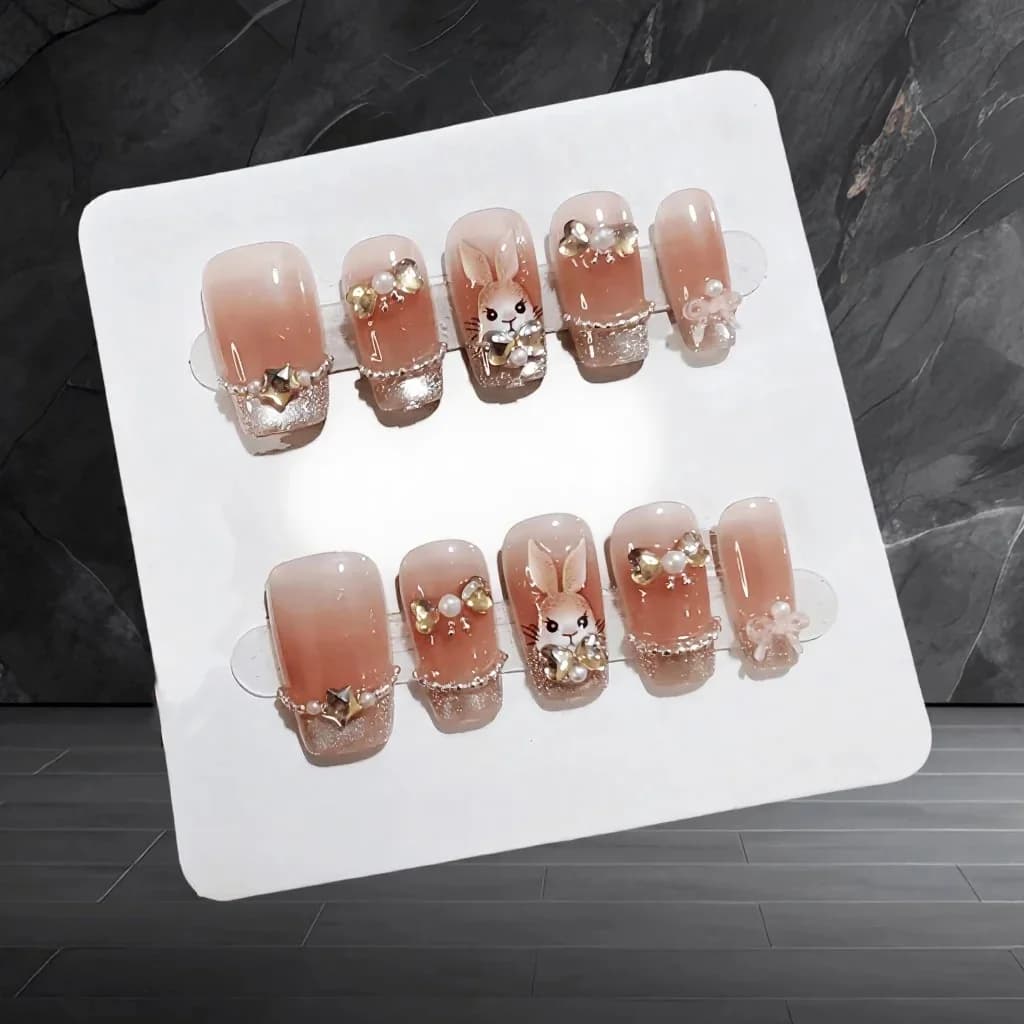 Künstliche Nägel mit Cat-Eye-Glitzer, Edelstein-Hasen-Design, kurze Sargform