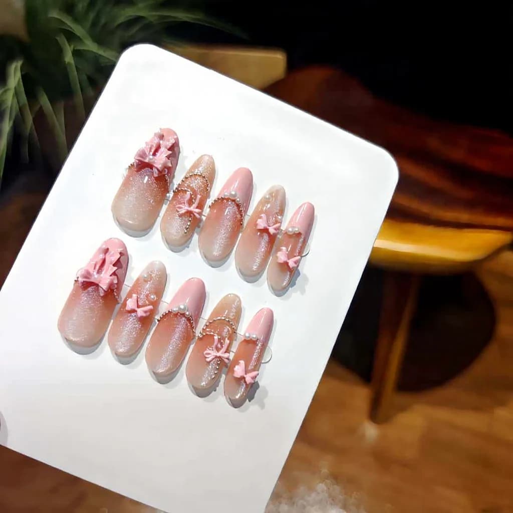 Künstliche Nägel Rosa Spitze Schleife Cat Eye Lang Stiletto