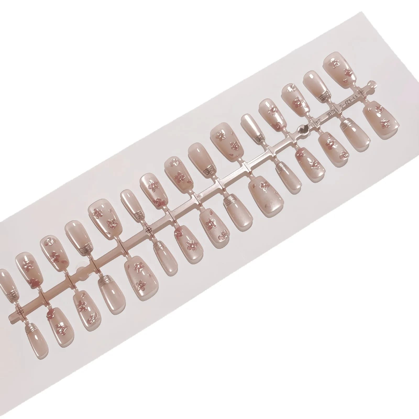 Rosa Blumen French-Tip Künstliche Nägel mit Cat-Eye-Chrome-Optik