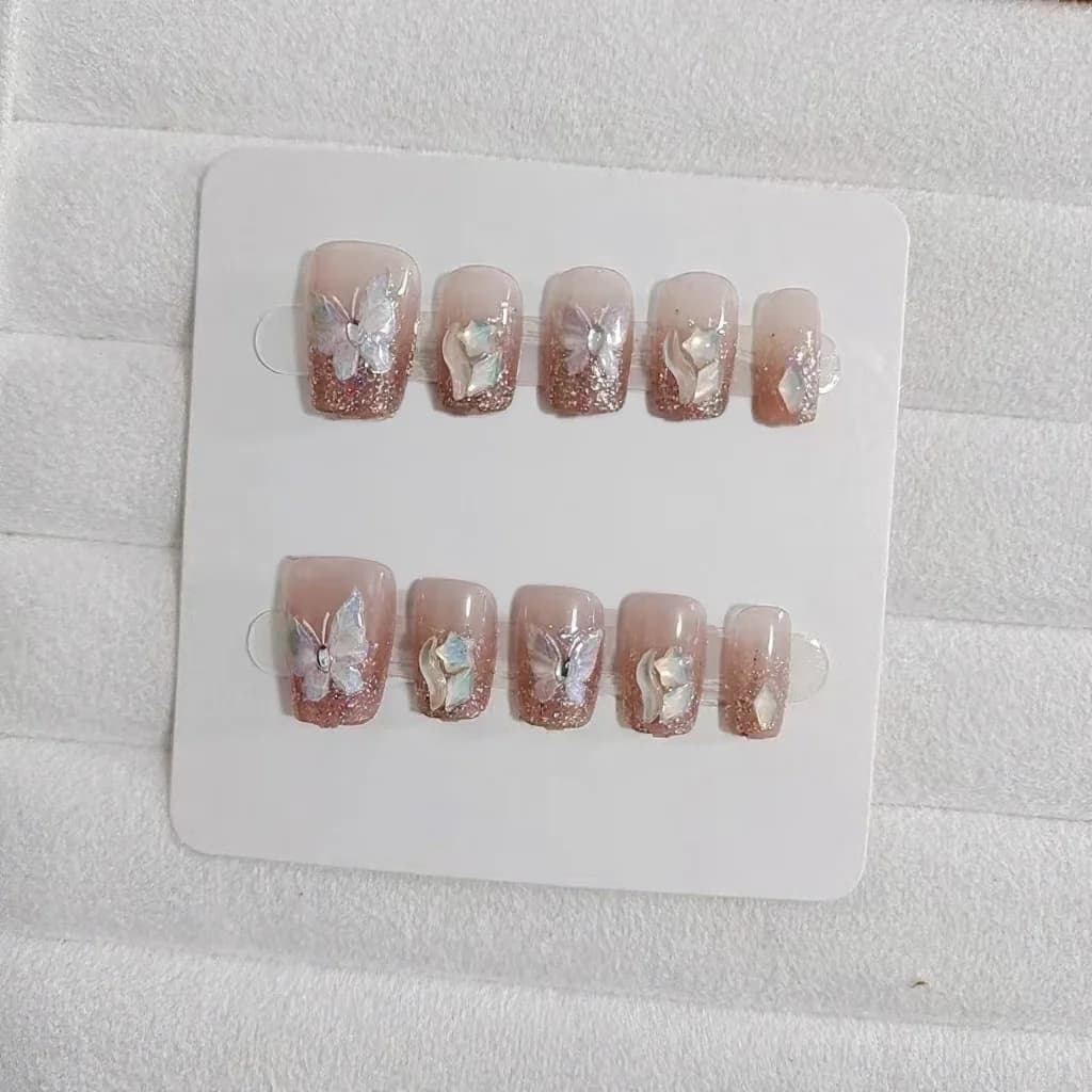 Schmetterling-Strass-Kunstnägel, kurze Sargform, 10 Stück