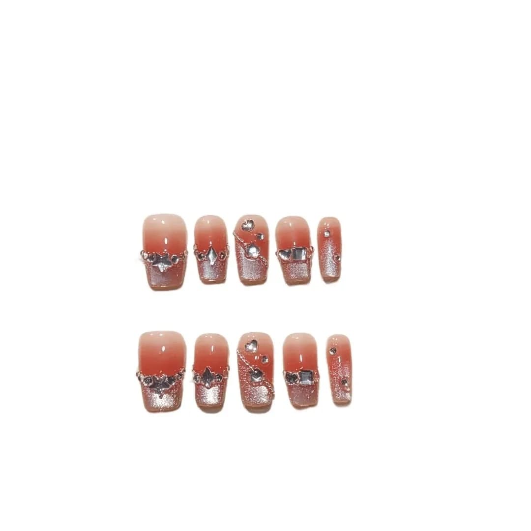 Künstliche Nägel Kurz Quadratisch Cat-Eye Blush French-Tip mit Strasssteinen