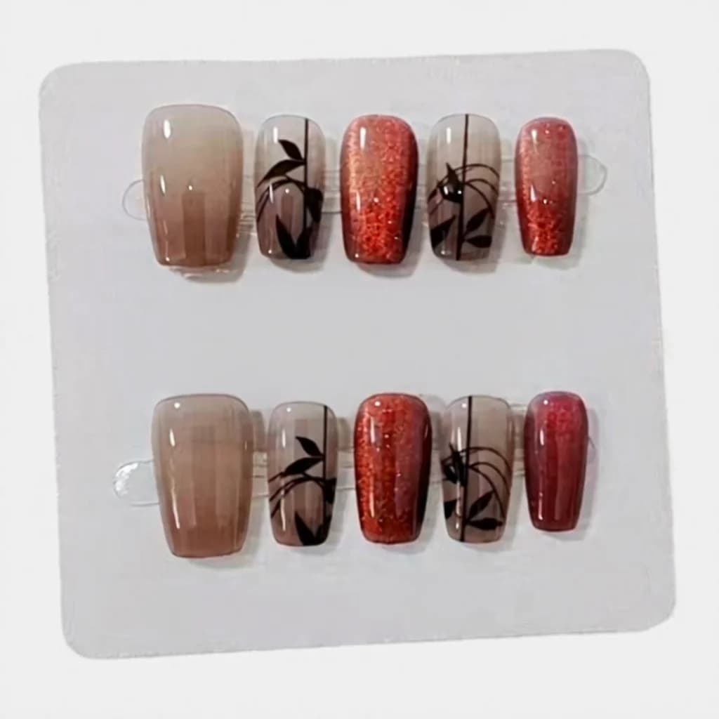 Rote Bambus-Cat-Eye-Kunstnägel, kurz quadratisch, Glitzer
