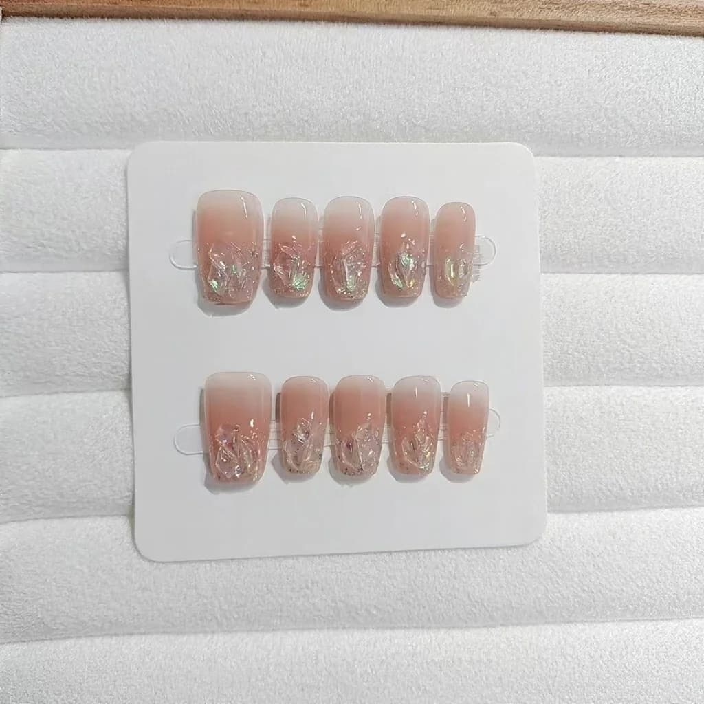 Künstliche Nägel Kurz Mittel Sargform Glitzer Strass Zartrosa Set
