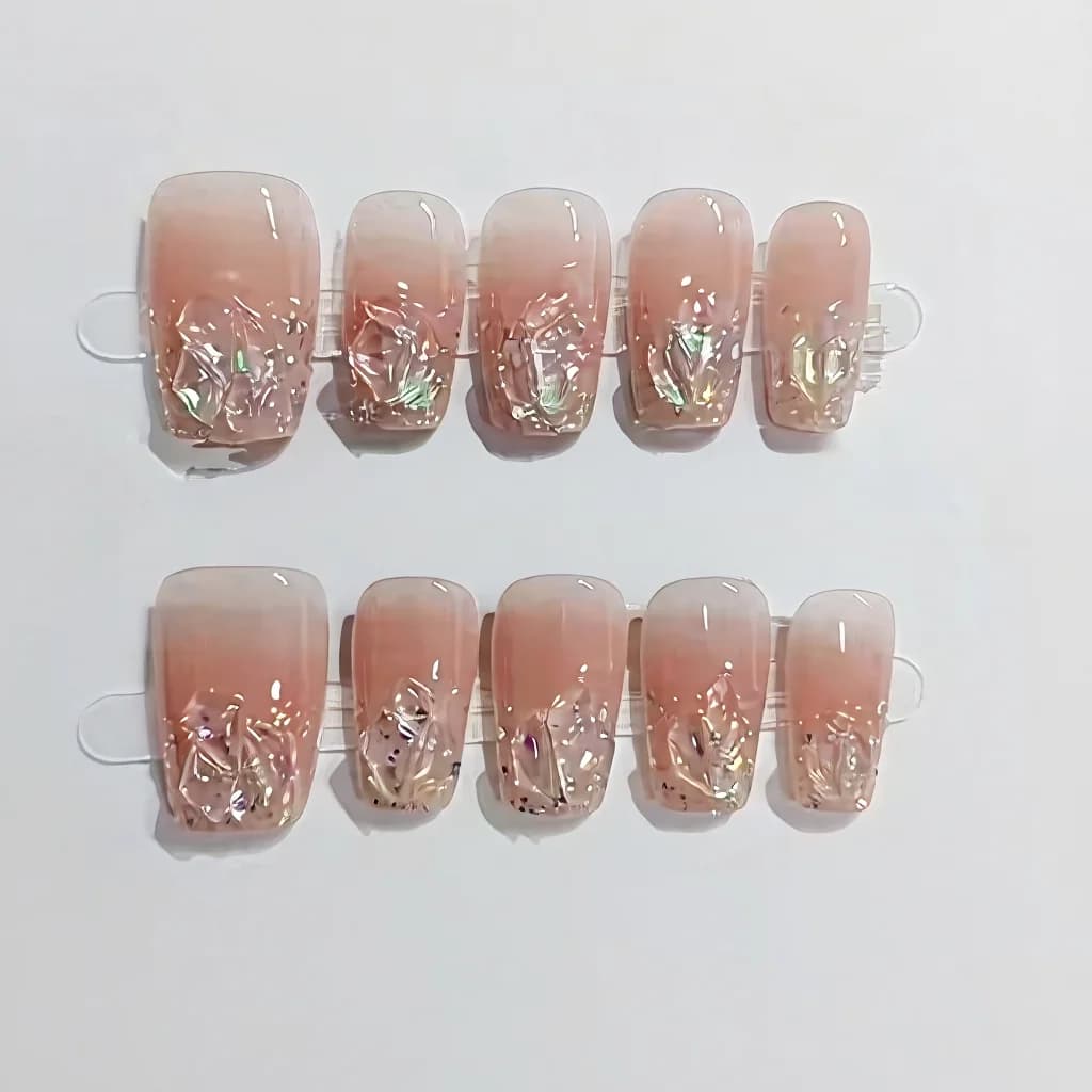 Künstliche Nägel Kurz Mittel Sargform Glitzer Strass Zartrosa Set
