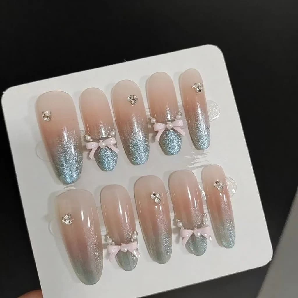 Künstliche Nägel Meersalz-Leopard Cat-Eye Schleife Lange Stilettoform