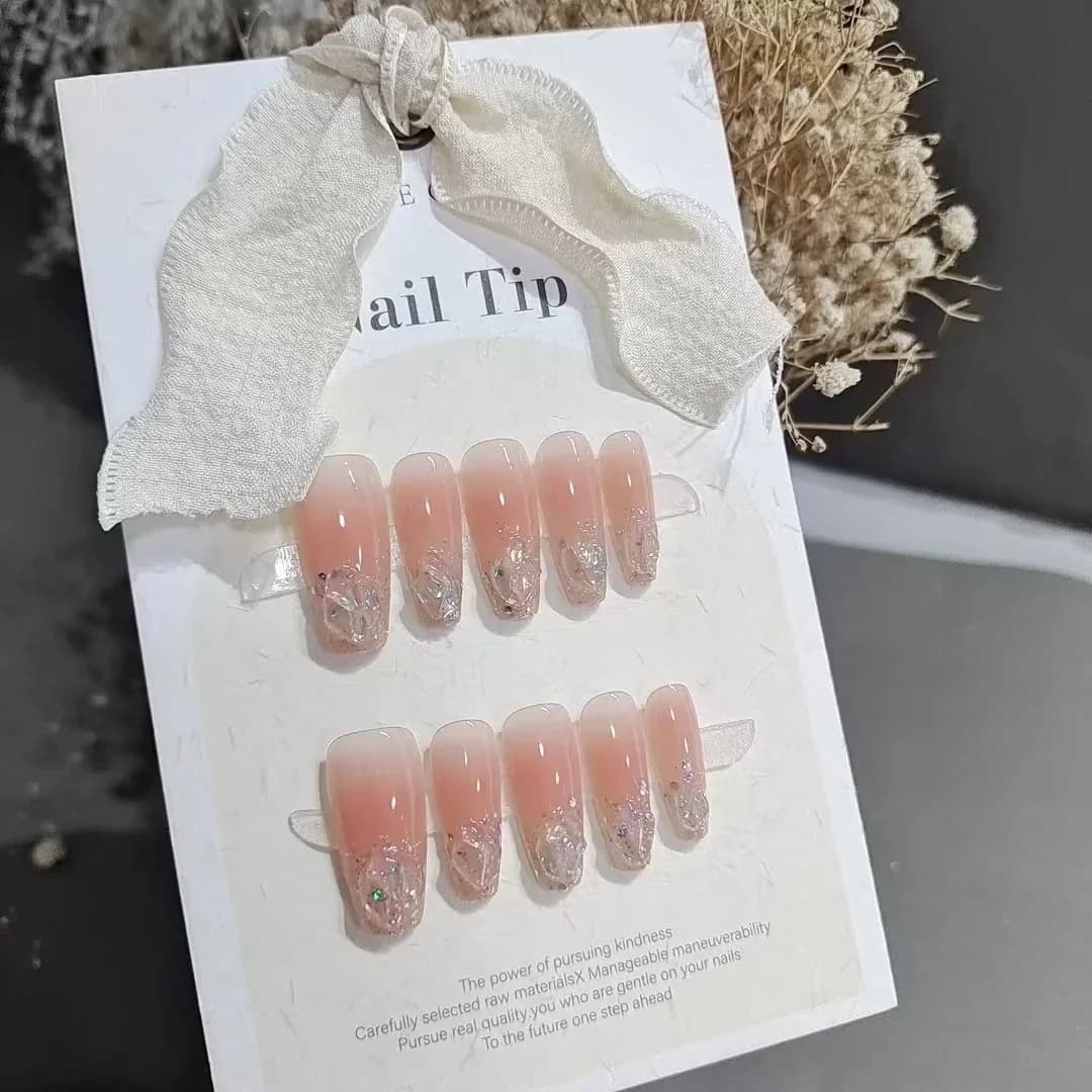 Künstliche Nägel Kurz Mittel Sargform Glitzer Strass Zartrosa Set