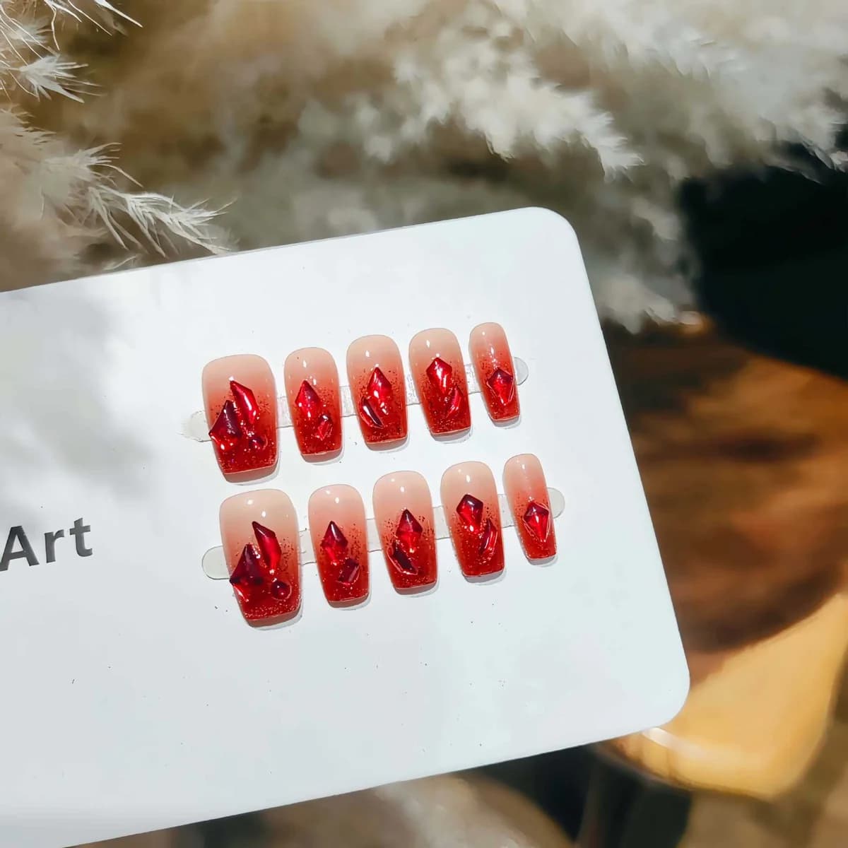 Rote Gradient-Glitzer Künstliche Nägel, kurze Sarg-Form