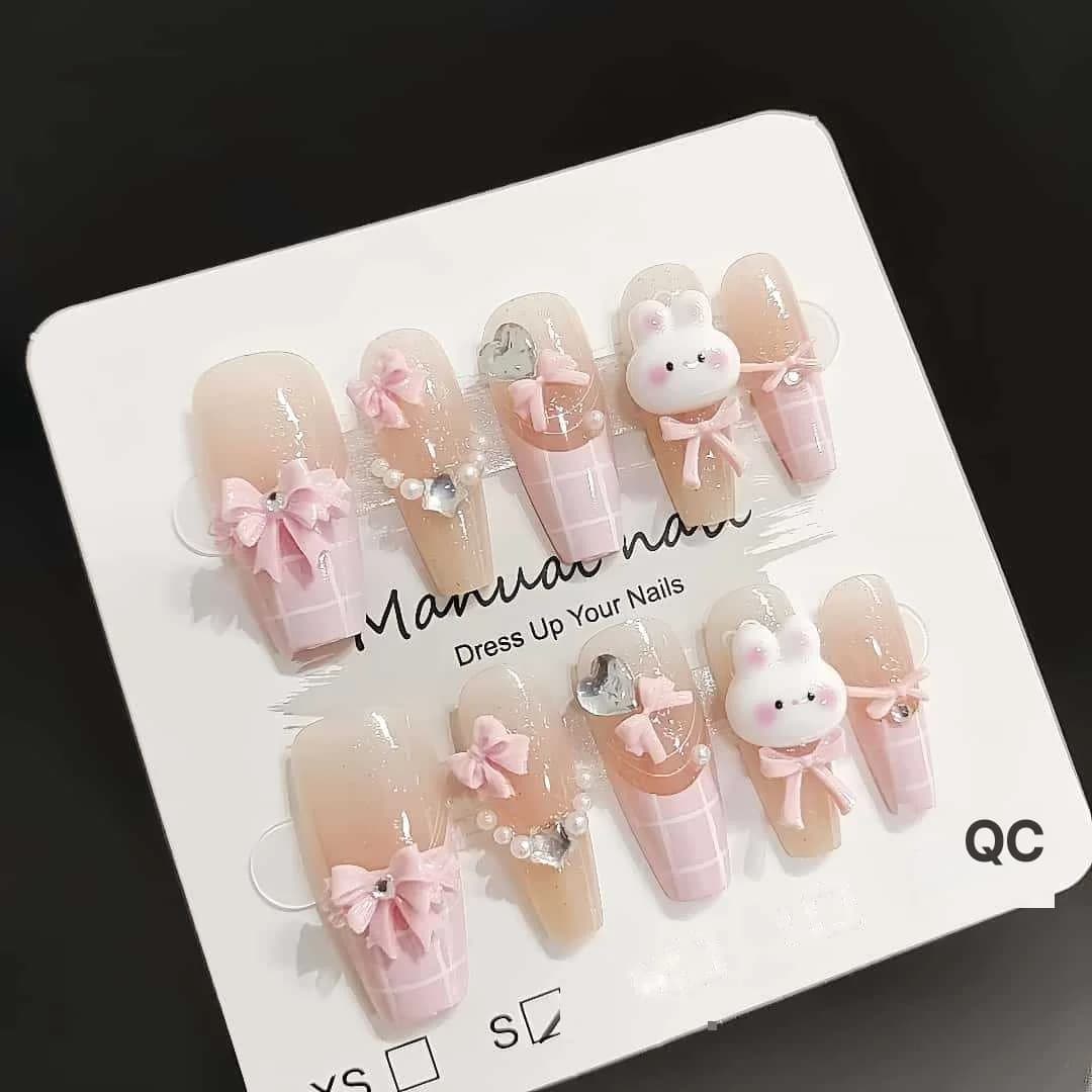 Niedliche rosa Hasen Press-on-Nägel 30 Stück mittlere Sargform