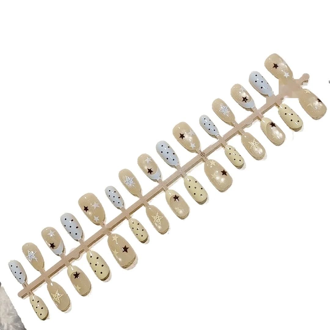 Katzenaugen-Press-On-Nägel mit Punkten, Kurze Ovale Form, French Tip mit Glasperlen