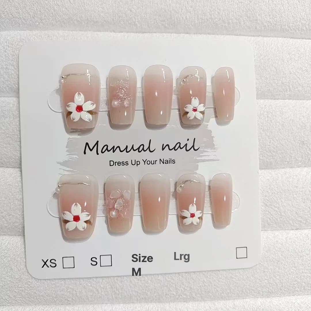 Künstliche Fingernägel Kurz Sargform Blush Pink Magnolien-Design