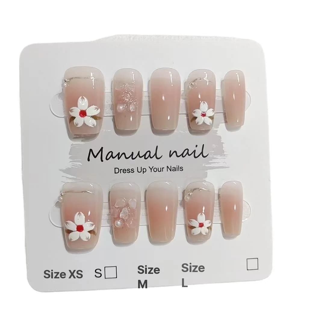 Künstliche Fingernägel Kurz Sargform Blush Pink Magnolien-Design