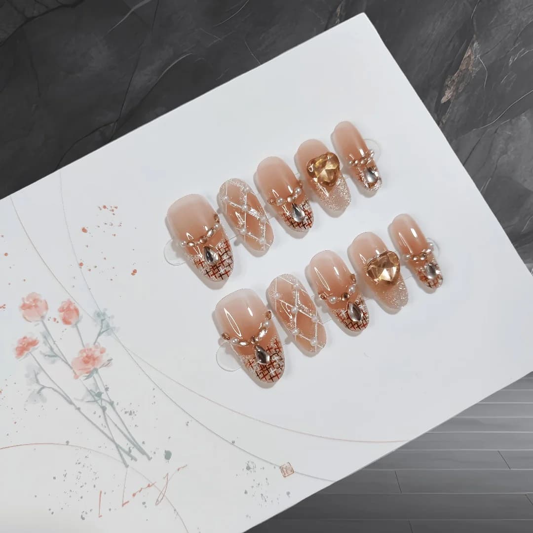 Press-On-Nägel Mittel Oval Cat Eye Glitzer Perle 30 Stück