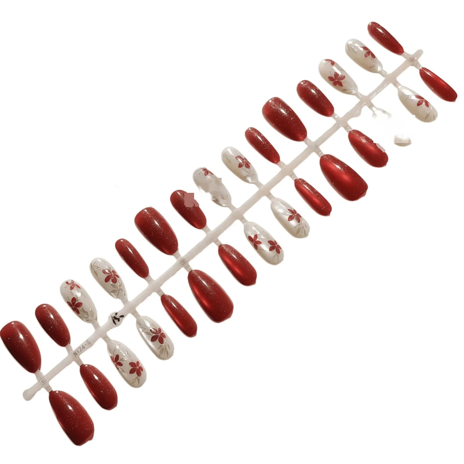 Cat-Eye Press-On-Nägel, mittel oval, Rot-Pflaumen-Verlauf mit Glitzer