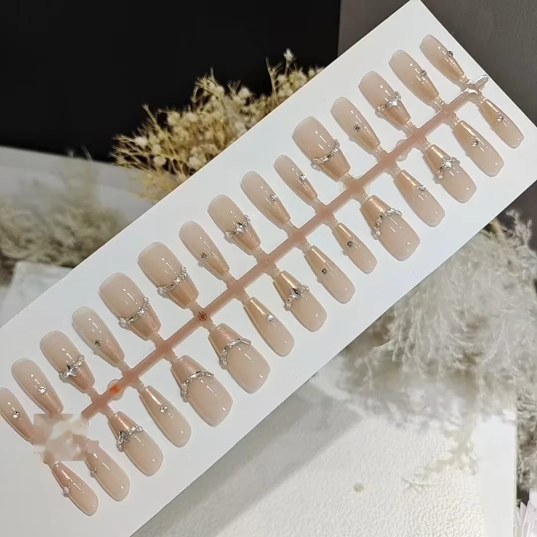Press-On Nägel French Tip mit Strasssteinen 30 Stück