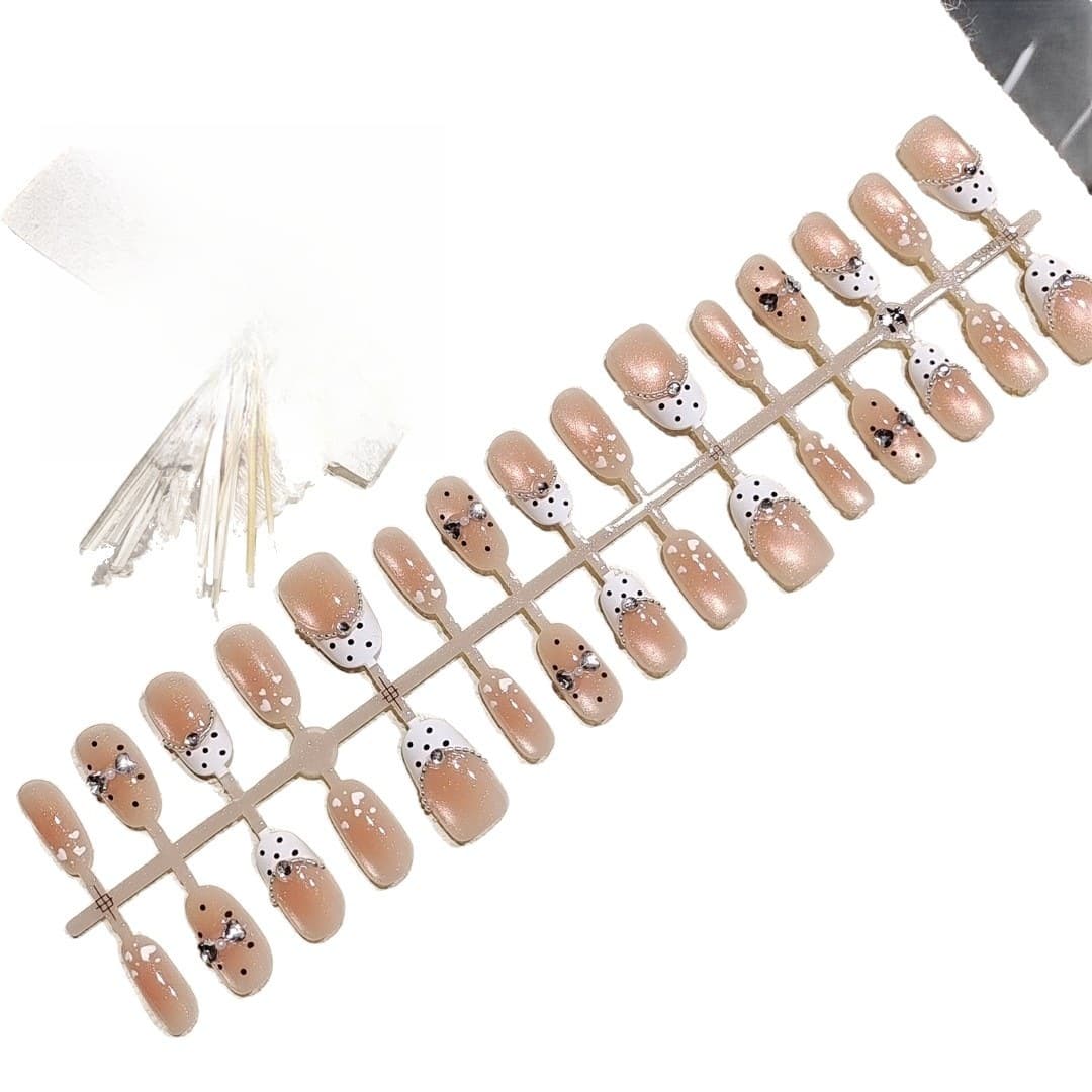 Press-on-Nägel Kurz Oval mit Punkte-Perlen-Design und Cat-Eye-Glitzer